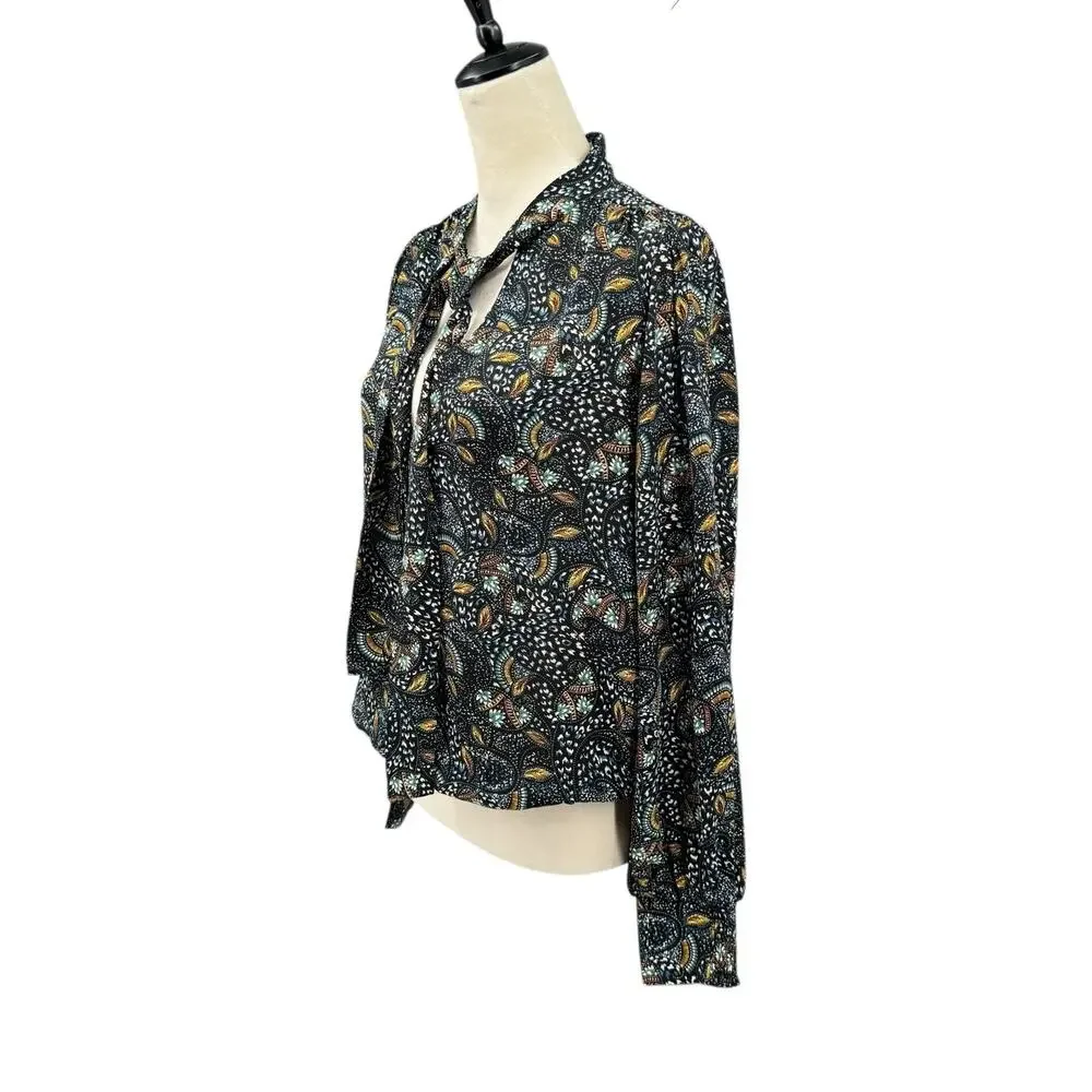 Evereve Charlie Neck Tie Teal Multicolor Printed Long Sleeve Chiffon Blouse - Picture 3 of 12